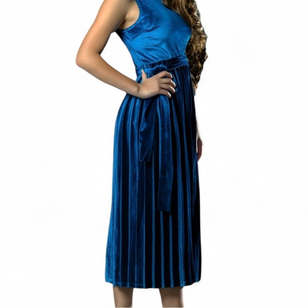 ASOS Blue Velvet Sleeveless Midi Dress with Waist Tie